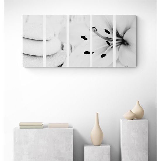 5-dielny obraz Feng Shui zátišie v čiernobielom prevedení