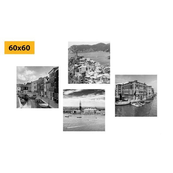 Set obrazov prímorské mestá v čiernobielom prevedení