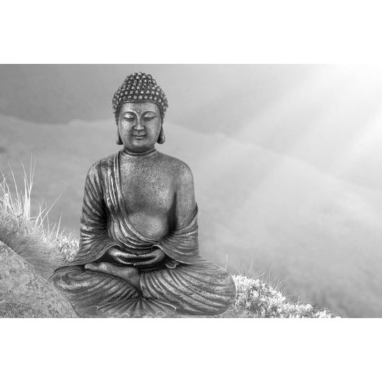 Obraz Budha na hore poznania v čiernobielom prevedení