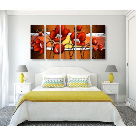 5-dielny obraz červené maky vo vintage prevedení