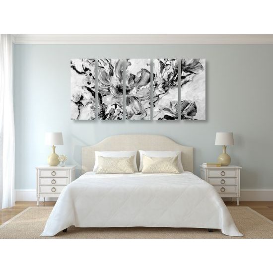 5-dielny obraz maľovaná abstrakcia kvetu v čiernobielom prevedení