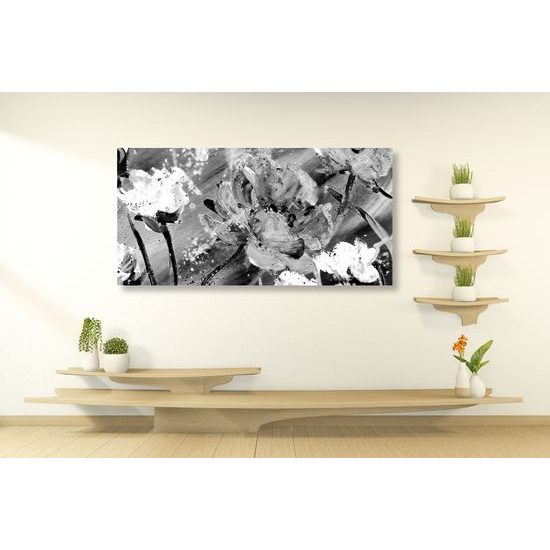 Obraz nádherná maľovaná abstrakcia kvetu v čiernobielom prevedení