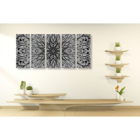 5-dielny obraz zaujímavá luxusná Mandala v čiernobielom prevedení
