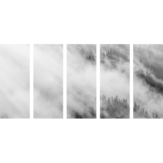 5-dielny obraz hmla nad lesom v čiernobielom prevedení