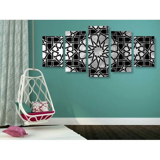 5-dielny obraz strieborná mandala v čiernobielom prevedení