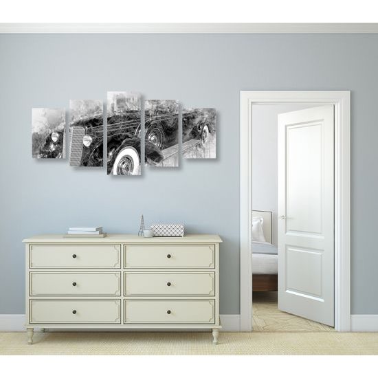 5-dielny obraz abstraktné auto v čiernobielom prevedení