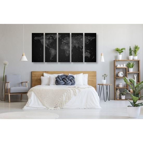 5-dielny obraz mapa sveta na nočnej oblohe v čiernobielom prevedení