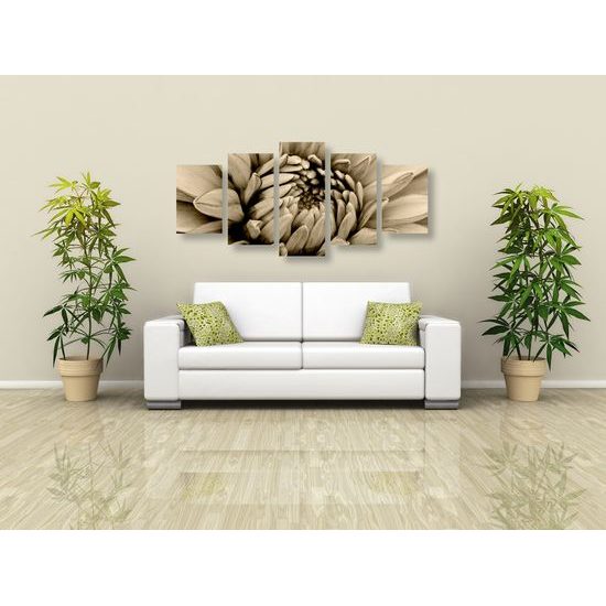 5-dielny obraz perfektný detail na kvet dálie v sépiovom prevedení