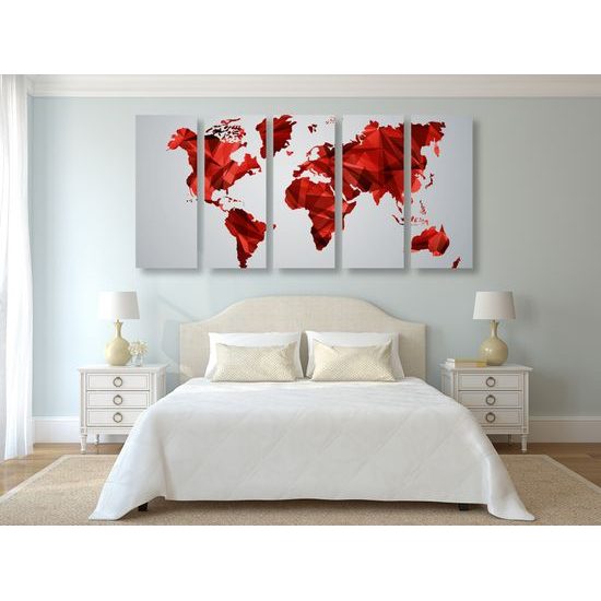5-dielny obraz mapa sveta tovrená polygonmi v červenom prevedení
