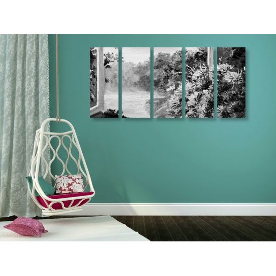 5-dielny obraz vintage kytica v čiernobielom prevedení