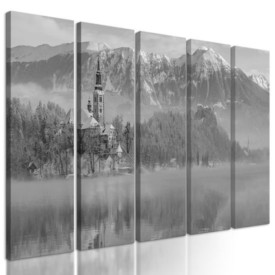 5-dielny obraz kostol na skale v čiernobielom prevedení