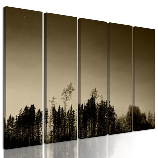 5-dielny obraz les pri západe slnka v sépiovom prevedení