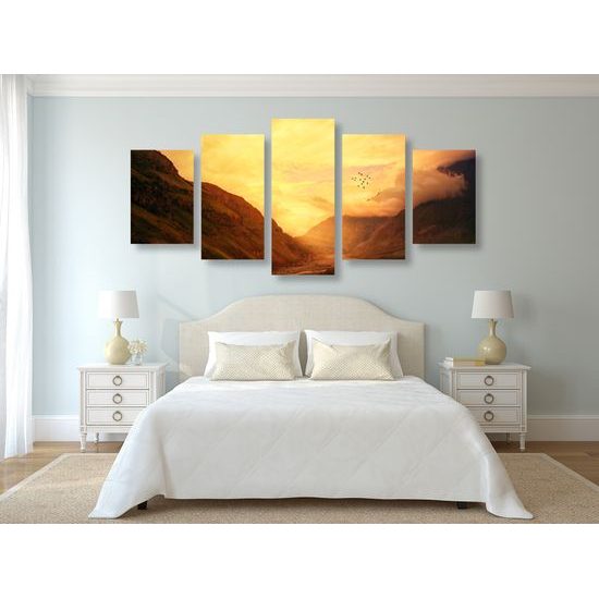 5-dielny obraz slnko zapadajúce za kopce