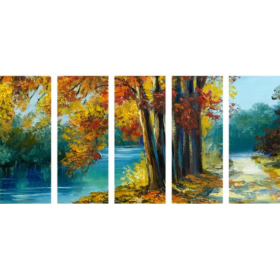 5-dielny obraz maľované jesenné stromy pri rieke