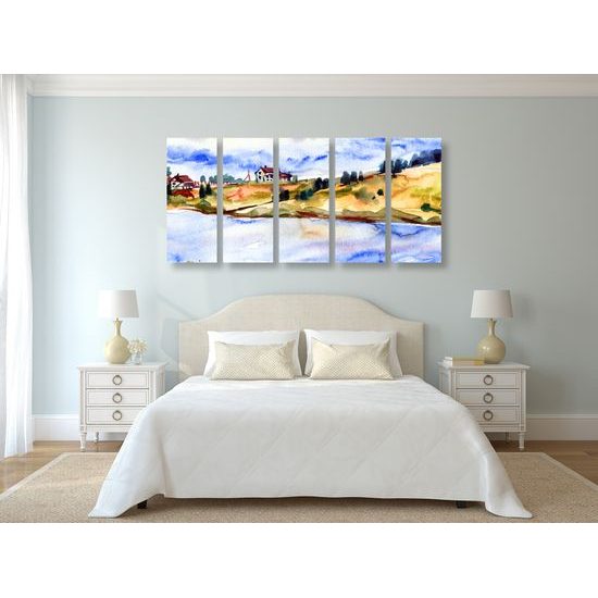 5-dielny obraz maľba dediny na brehu rieky
