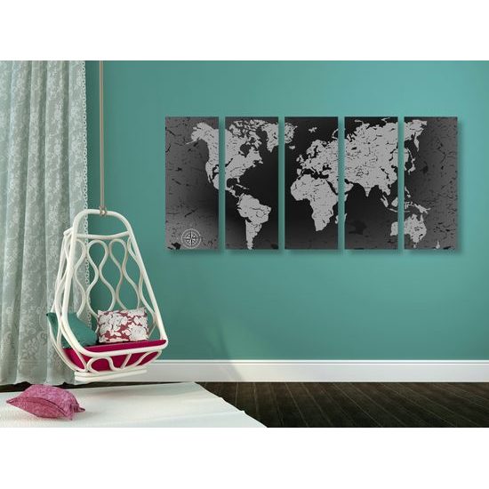 5-dielny obraz vintage mapa v čiernobielom prevedení