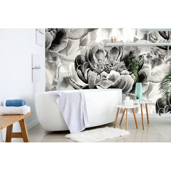 Očarujúca čiernobiela samolepiaca tapeta rozkvitnuté pivónie