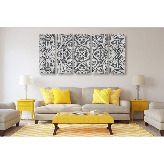 5-dielny obraz starodávna Mandala v čiernobielom prevedení
