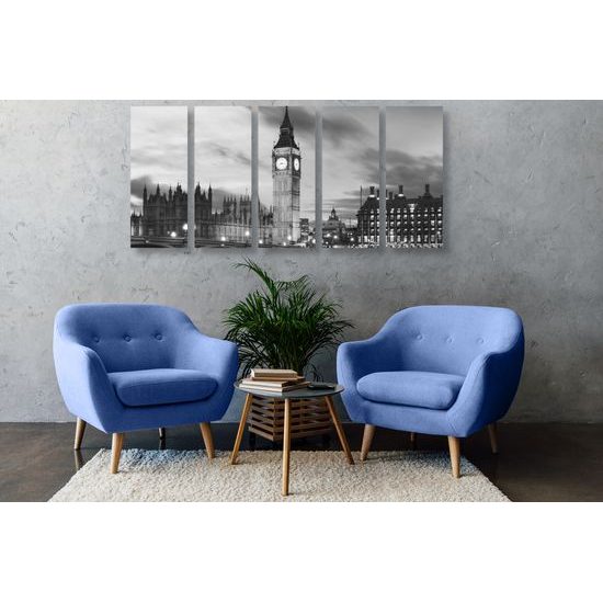5-dielny obraz nasvietený Big Ben v čiernobielom prevedení