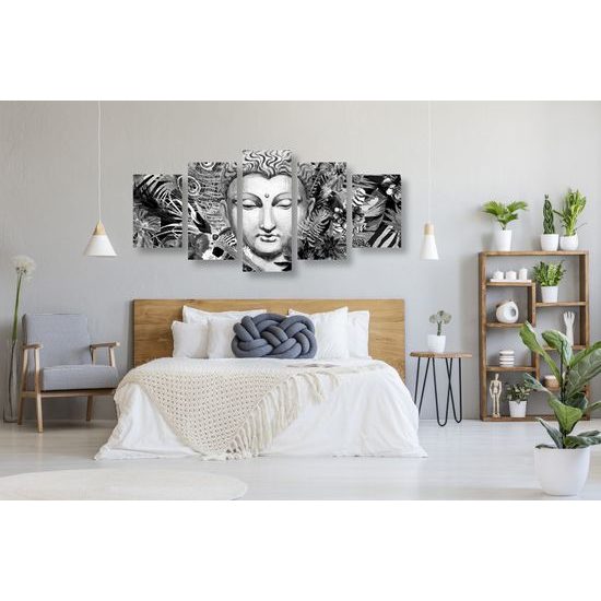 5-dielny obraz Budha v tropickej džungli v čiernobielom prevedení