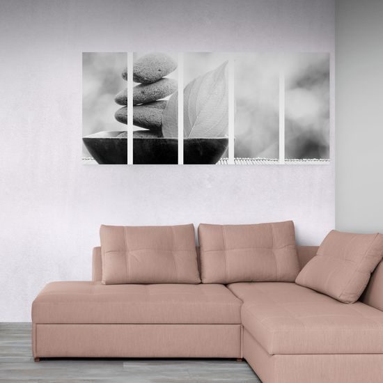 5-dielny obraz Zen kamene v prirode v čiernobielom prevedení