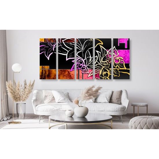 5-dielny obraz neónová abstraktná kvetina
