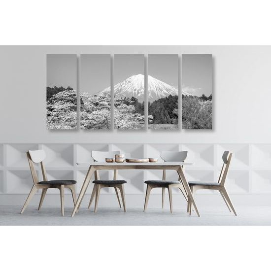 5-dielny obraz Japonská sopka Fuji v čiernobielom prevedení