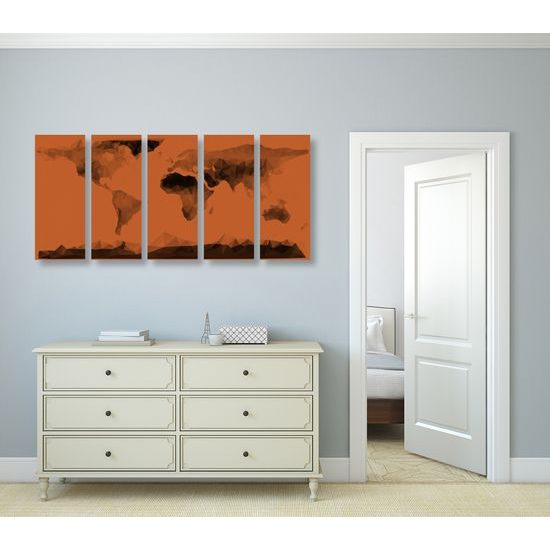 5-dielny obraz mapa sveta tvorená mnohouholníkmi v oranžovom prevedení