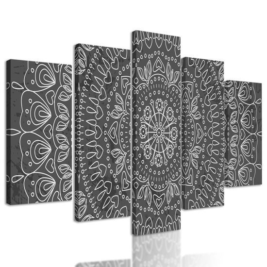 5-dielny obraz umelecká Mandala v čiernobielom prevedení