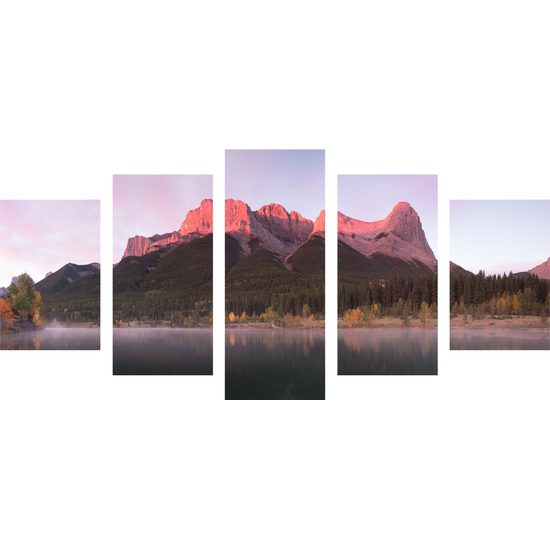 5-dielny obraz západ slnka pri jazere v Dolomitoch