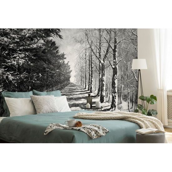 Samolepiaca tapeta čiernobiela alej stromov na prelome ročných období