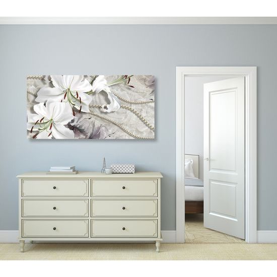 Obraz zátišie s ľáliami a perlami