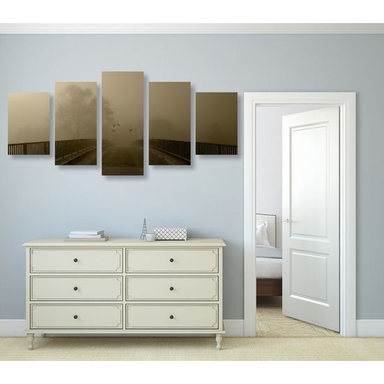 5-dielny obraz most zahalený hmlou v sépiovom prevedení