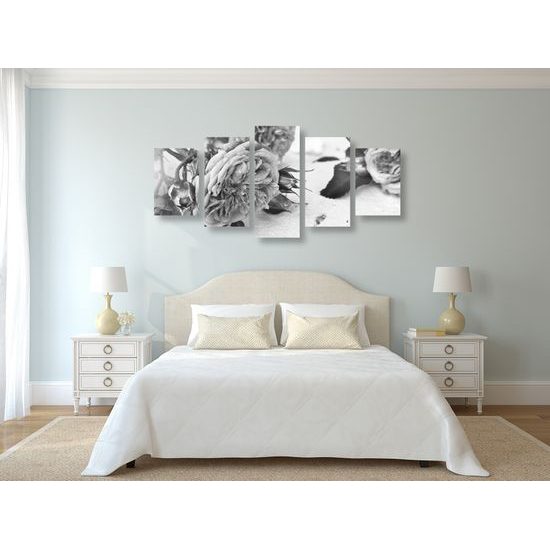 5-dielny obraz jemnosť ruží v čiernobielom prevedení
