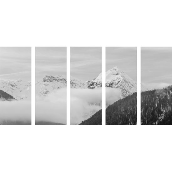 5-dielny obraz pohľad na zasnežené kopce v čiernobielom prevedení