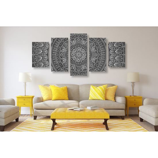 5-dielny obraz umelecká Mandala v čiernobielom prevedení
