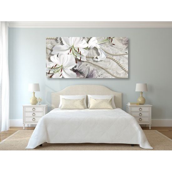 Obraz zátišie s ľáliami a perlami