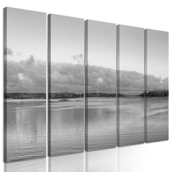 5-dielny obraz osamelý dom pri jazere v čiernobielom prevedení