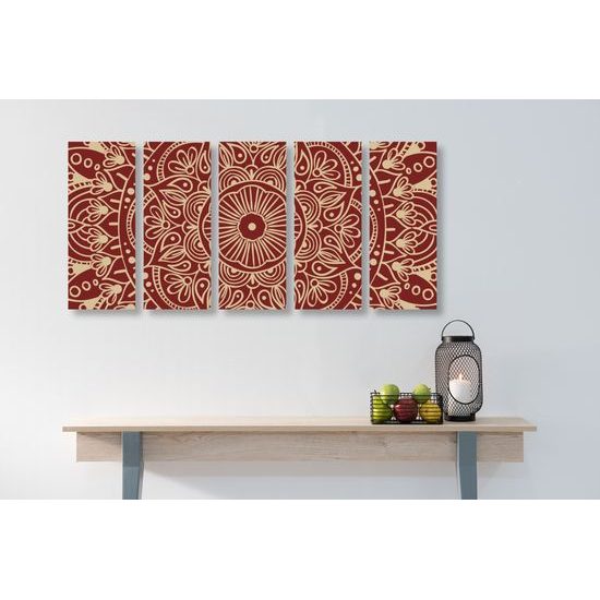 5-dielny obraz biela Mandala doplnená bordovou farbou