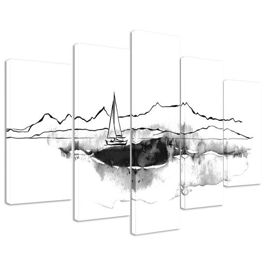 5-dielny obraz osamelá jachta v čiernobielom prevedení