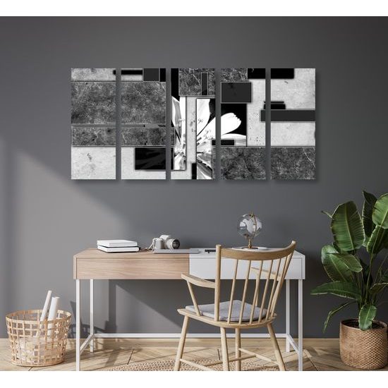 5-dielny obraz kvet v čiernobielom ráme