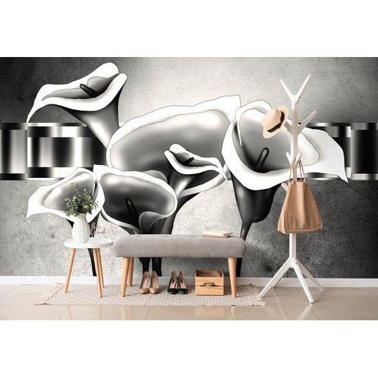 Samolepiaca tapeta pôvabné etno kvety kaly v čiernobielom prevedení