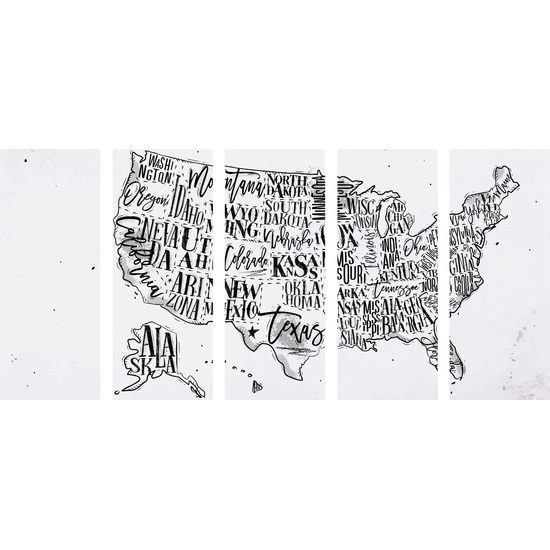 5-dielny obraz zaujímavá mapa USA v čiernobielom prevedení