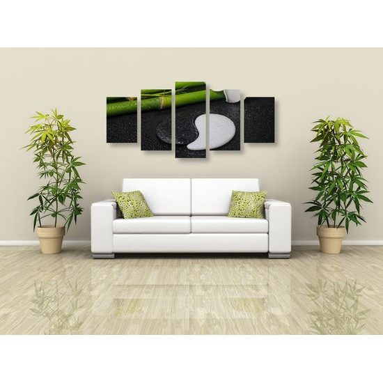 5-dielny obraz bambusové zátišie so symbolom Jin a Jang