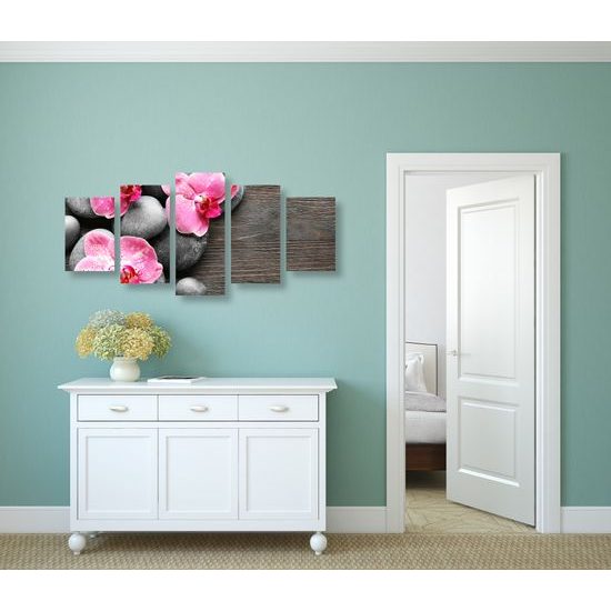 5-dielny obraz kvety orchidei na drevenom pozadí