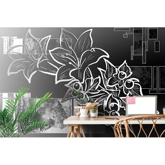 Tapeta čiernobiela kresba kvetov na abstraktnom pozadí