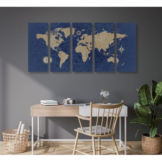 5-dielny obraz vintage mapa sveta v modrom prevedení