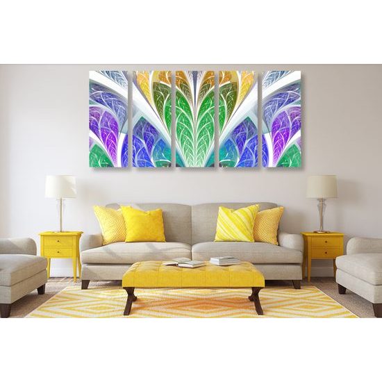 5-dielny obraz zaujímavé farebné sklo v tvare listov