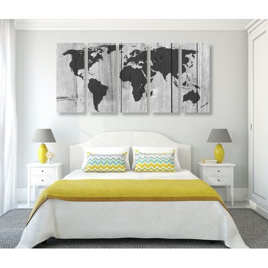 5-dielny obraz čiernobiela mapa sveta v modernom prevedení