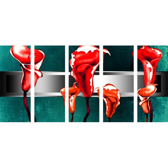 5-dielny obraz umelecká abstrakcia červených kvetov